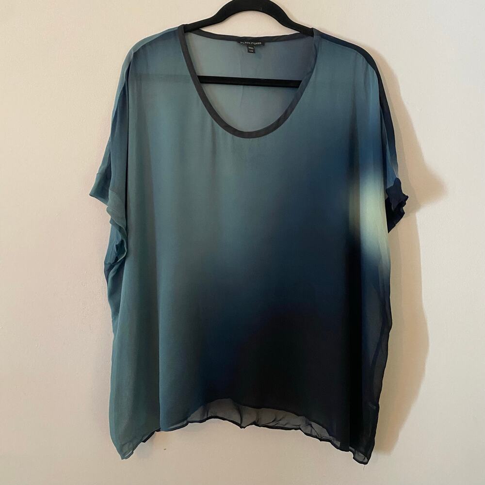 Eileen Fisher Blue Silk Sheer Short Sleeve Overshirt Blouse Lightweight Large